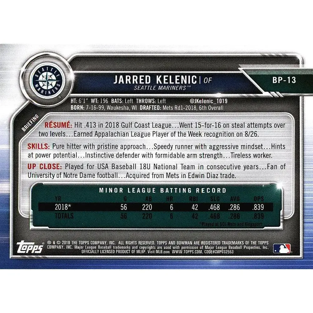 2019 Bowman Prospects Jarred Kelenic #BP-13 Seattle Mariners
